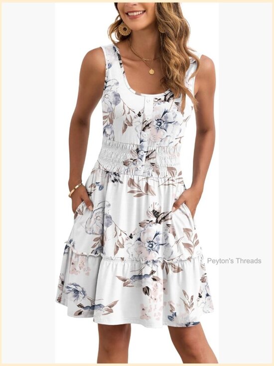 Dresses & Skirts - Sleeveless Button Down Tiered Smocked Elastic Waist Dress with Pockets